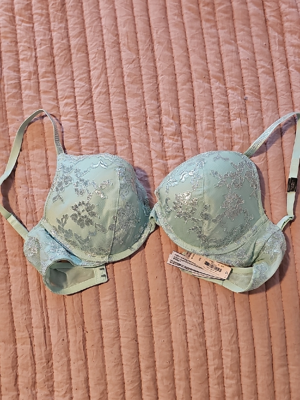 Victoria Secret NWT Dream Angels Lace-Embroidered Mint Push-Up Bra Silver 32D